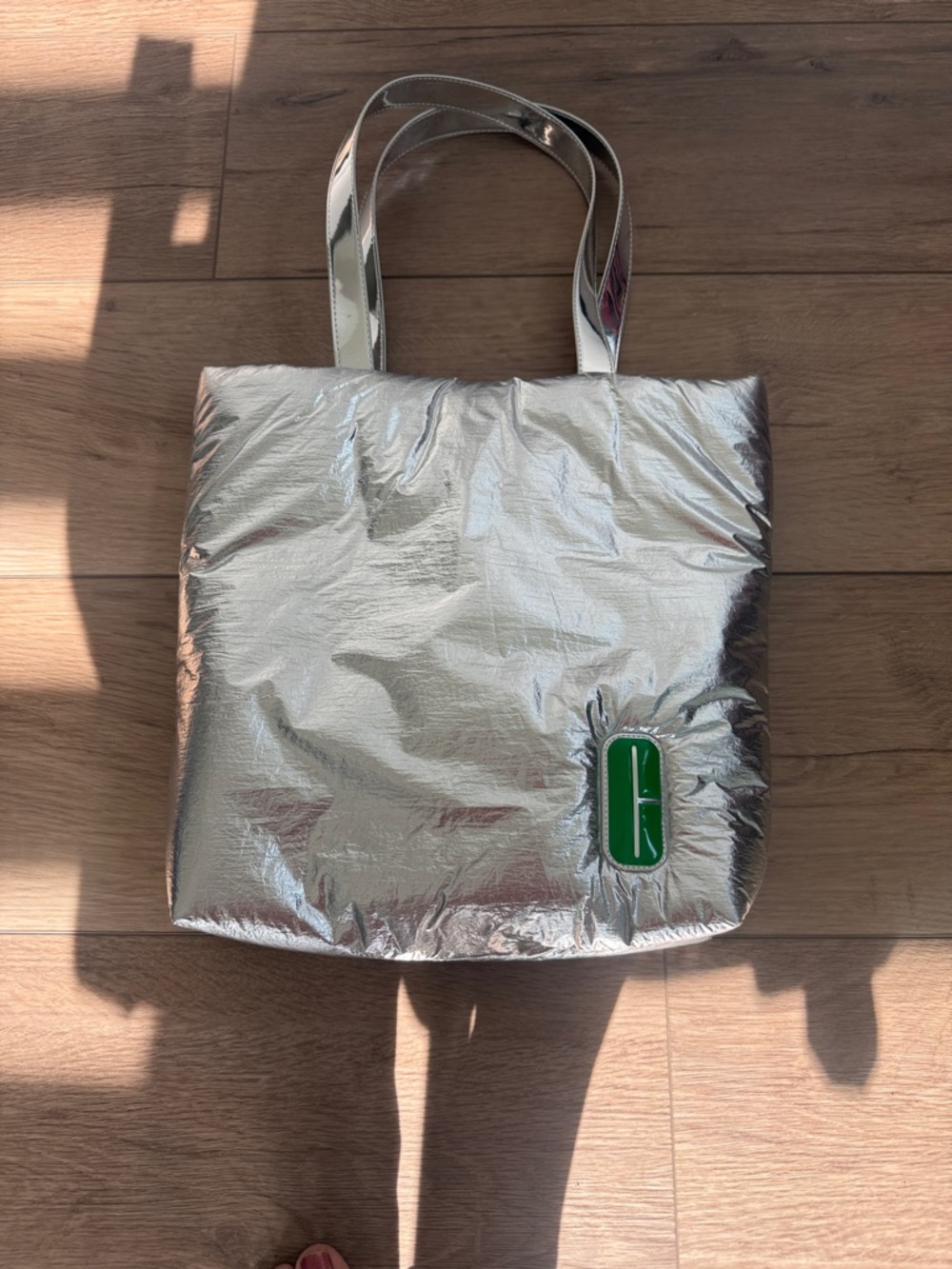 Clinique Silver Tote with Green Logo Patch